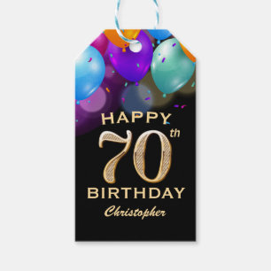 70th Birthday Party Black and Gold Balloons Gift Tags