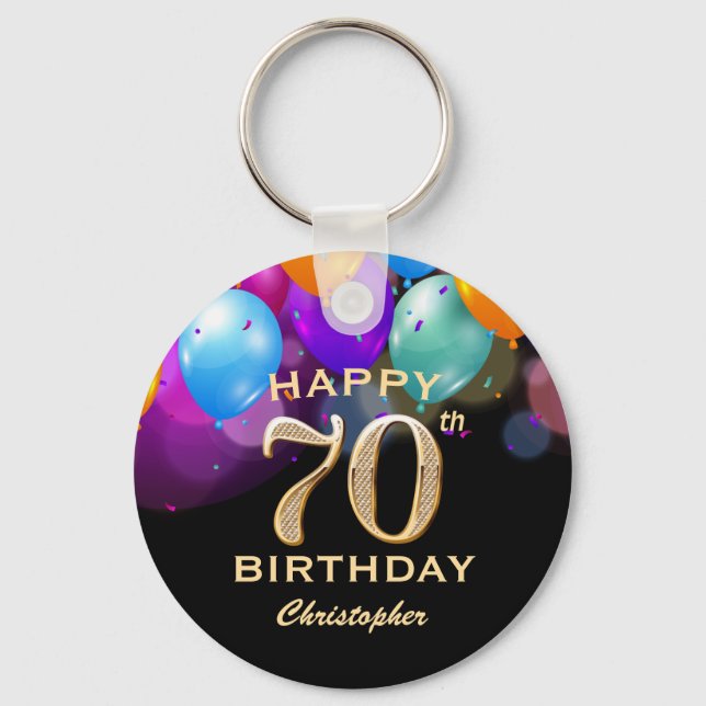 70th Birthday Party Black and Gold Balloons Key Ring (Front)