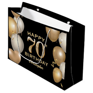 70th Birthday Party Black and Gold Balloons Large Gift Bag