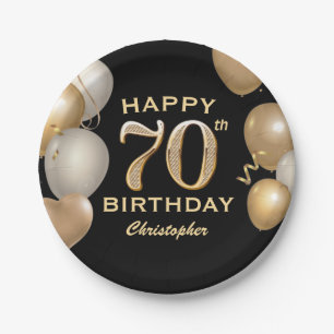70th Birthday Party Black and Gold Balloons Paper Plate