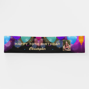 70th Birthday Party Black and Gold Balloons Photo Banner