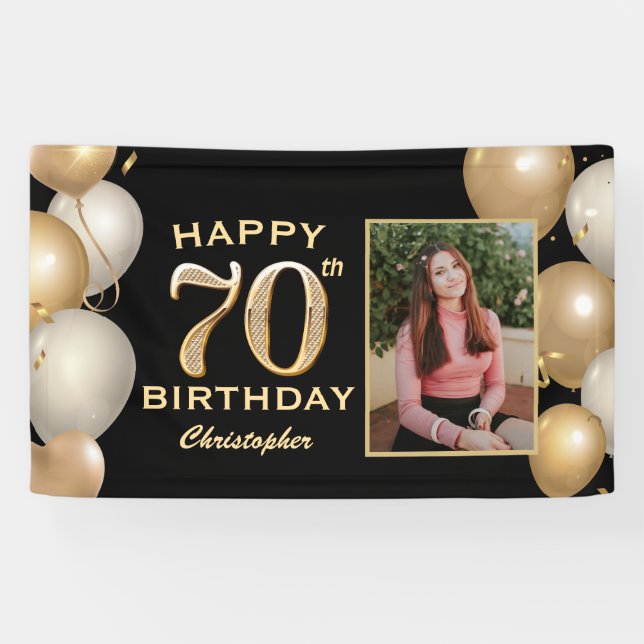 70th Birthday Party Black and Gold Balloons Photo Banner (Horizontal)