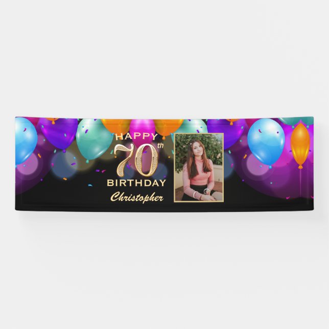 70th Birthday Party Black and Gold Balloons Photo Banner (Horizontal)