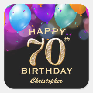 70th Birthday Party Black and Gold Balloons Square Sticker