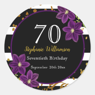 70th Birthday Party  Black and Gold Glitter Classic Round Sticker