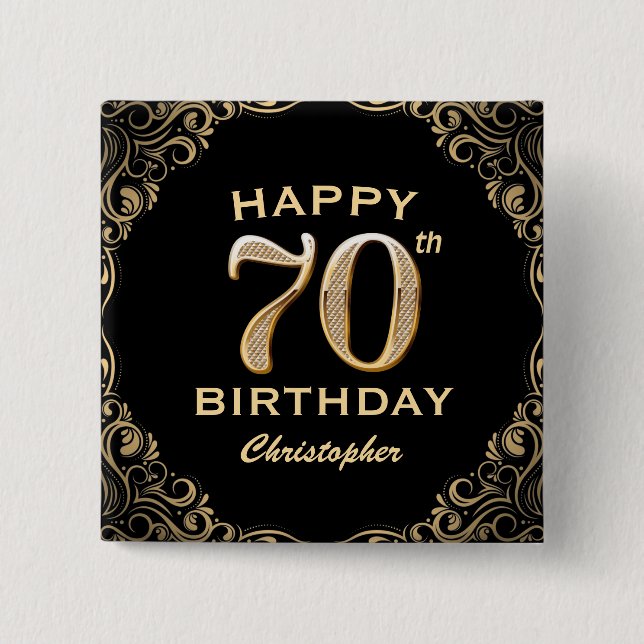 70th Birthday Party Black and Gold Glitter Frame 15 Cm Square Badge (Front)
