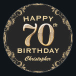70th Birthday Party Black and Gold Glitter Frame Classic Round Sticker<br><div class="desc">70th Birthday Party Black and Gold Glitter Frame Sticker. For further customisation,  please click the "Customise it" button and use our design tool to modify this template.</div>