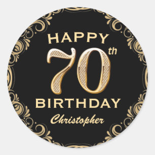 70th Birthday Party Black and Gold Glitter Frame Classic Round Sticker