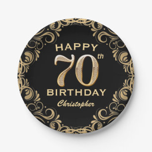 70th Birthday Party Black and Gold Glitter Frame Paper Plate