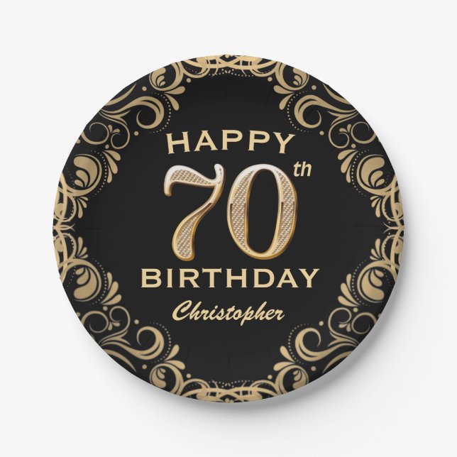 70th Birthday Party Black and Gold Glitter Frame Paper Plate (Front)