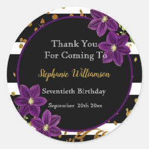 70th Birthday Party Black and Gold Glitter Thanks Classic Round Sticker