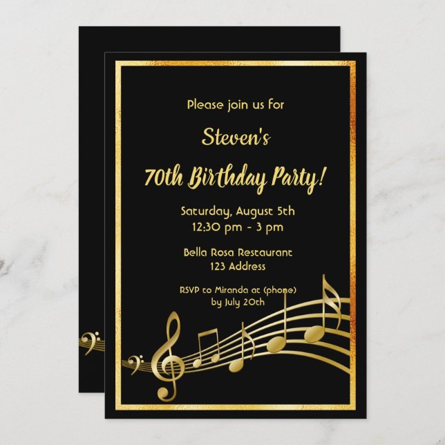 70th birthday party black and gold music notes invitation (Front/Back)