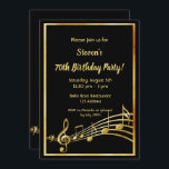 70th birthday party black and gold music notes invitation<br><div class="desc">A trendy,  modern 70th birthday party invitation card for both men and women.  A classic black background,  with faux gold  frame and music notes,  golden coloured letters. Templates for your party information.  Back: Black colour faux gold music notes.</div>