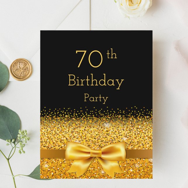 70th birthday party black gold bow invitation postcard (Creator Uploaded)