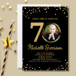 70th Birthday Party Black Gold Confetti Photo  Invitation<br><div class="desc">Celebrate in style with this fun, festive 70th birthday party invitation featuring the birthday person’s photo framed by faux gold glitter accents and a stunning black background. Classic and elegant yet super fun and festive - the perfect invitation to make the birthday girl/guy feel special. Please check out the birthday...</div>