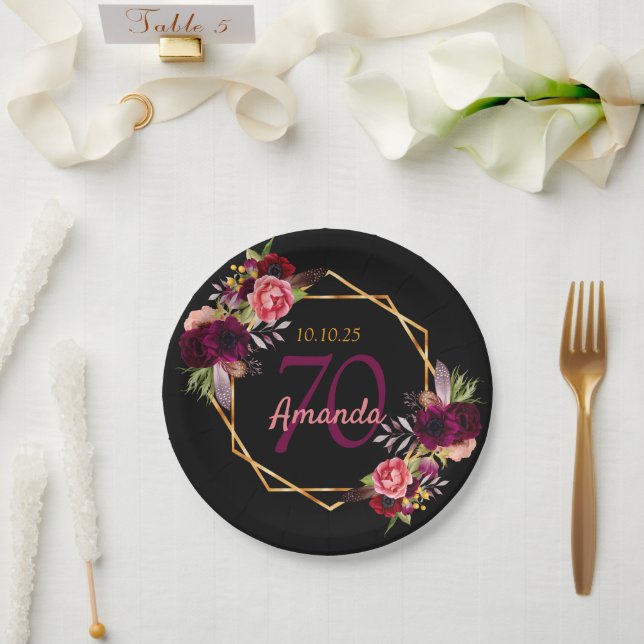 70th birthday party black gold geo floral burgundy paper plate (Wedding)