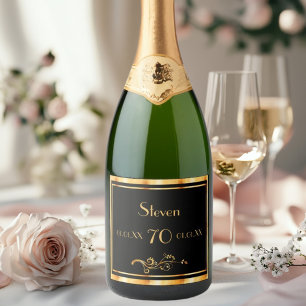 70th birthday party black gold name classic sparkling wine label