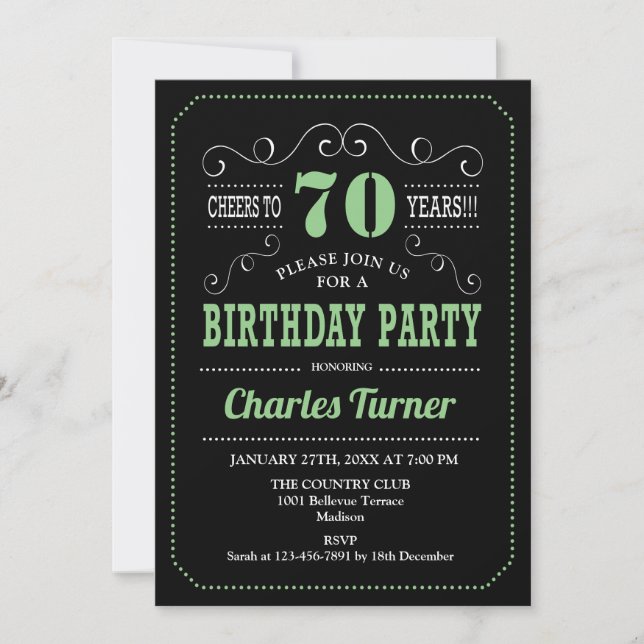 70th Birthday Party - Black Green Invitation (Front)