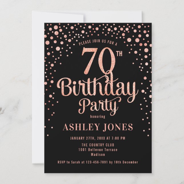 70th Birthday Party - Black & Rose Gold Invitation (Front)