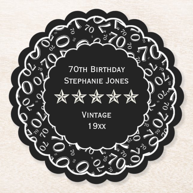 70th Birthday Party Black/White Pattern Theme Paper Coaster (Front)