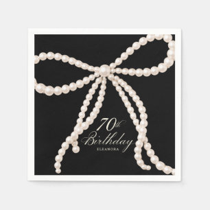 70th Birthday Party Black White Pearl Bow Cocktail Napkin