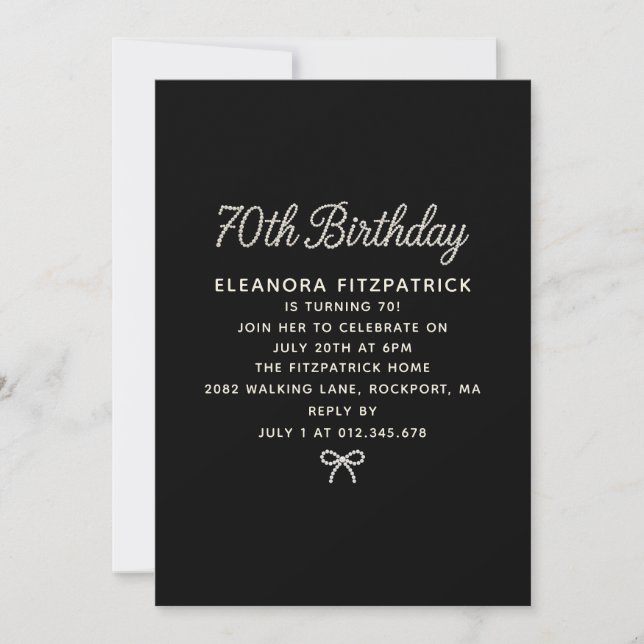70th Birthday Party Black White Pearl Script Bow Invitation (Front)