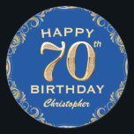 70th Birthday Party Blue and Gold Glitter Frame Classic Round Sticker<br><div class="desc">70th Birthday Party Blue and Gold Glitter Frame Sticker. For further customisation,  please click the "Customise it" button and use our design tool to modify this template.</div>