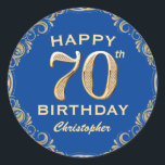 70th Birthday Party Blue and Gold Glitter Frame Classic Round Sticker<br><div class="desc">70th Birthday Party Blue and Gold Glitter Frame Sticker. For further customisation,  please click the "Customise it" button and use our design tool to modify this template.</div>