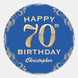 70th Birthday Party Blue and Gold Glitter Frame Classic Round Sticker