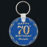 70th Birthday Party Blue and Gold Glitter Frame Key Ring<br><div class="desc">70th Birthday Party Blue and Gold Glitter Frame Keychain. For further customisation,  please click the "Customise it" button and use our design tool to modify this template.</div>