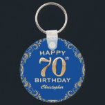 70th Birthday Party Blue and Gold Glitter Frame Key Ring<br><div class="desc">70th Birthday Party Blue and Gold Glitter Frame Keychain. For further customisation,  please click the "Customise it" button and use our design tool to modify this template.</div>
