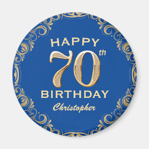 70th Birthday Party Blue and Gold Glitter Frame Magnet