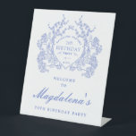 70th Birthday Party Blue Floral Crest Welcome Pedestal Sign<br><div class="desc">An elegant French vintage blue floral crest takes centre stage on this timeless birthday welcome sign. Ornate,  formal and very feminine will make any birthday lady feel very special. Coordinating party supplies are available.</div>