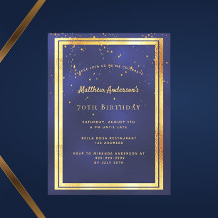 70th birthday party blue gold shiny invitation postcard