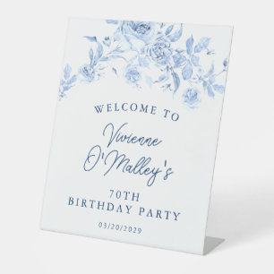 70th Birthday Party Blue Rose Floral Welcome Pedestal Sign