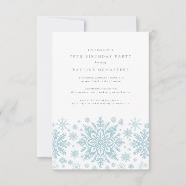 70th Birthday Party Blue White Snowflake Winter Invitation (Front)