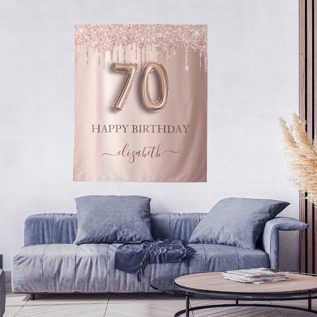 70th birthday party blush pink rose gold glitter tapestry (Creator Uploaded)