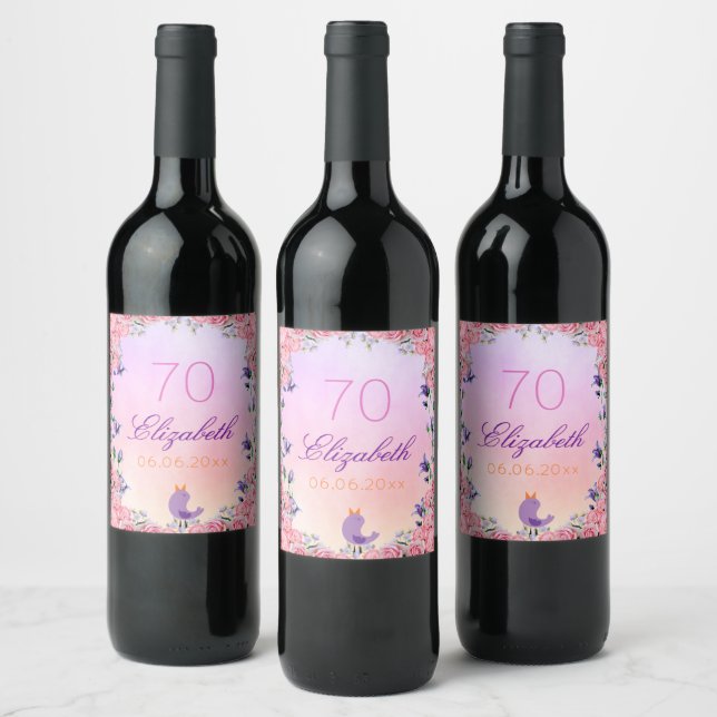 70th birthday party blush pinkpurple florals wine label (Bottles)