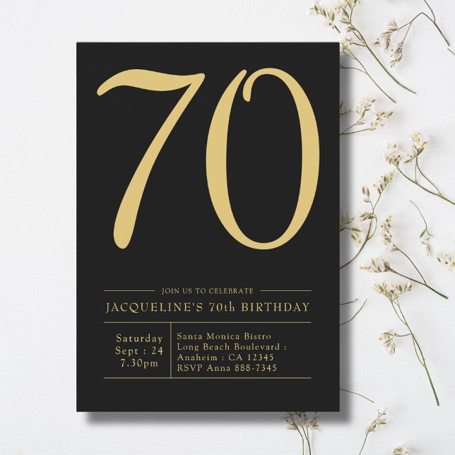 70th Birthday Party Bold 70 Black Gold Invitation (70th birthday invitation. Bold black and gold party invites on a light background)