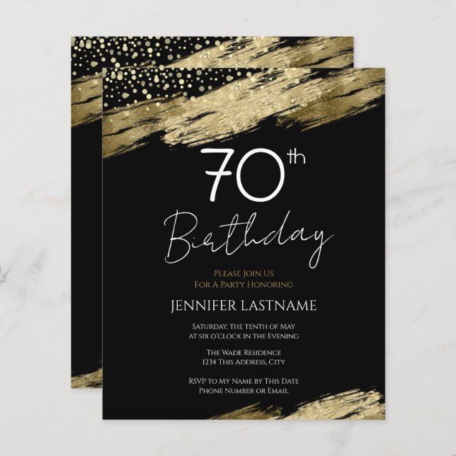 70th Birthday Party Budget Gold Black Invitation (Front/Back)