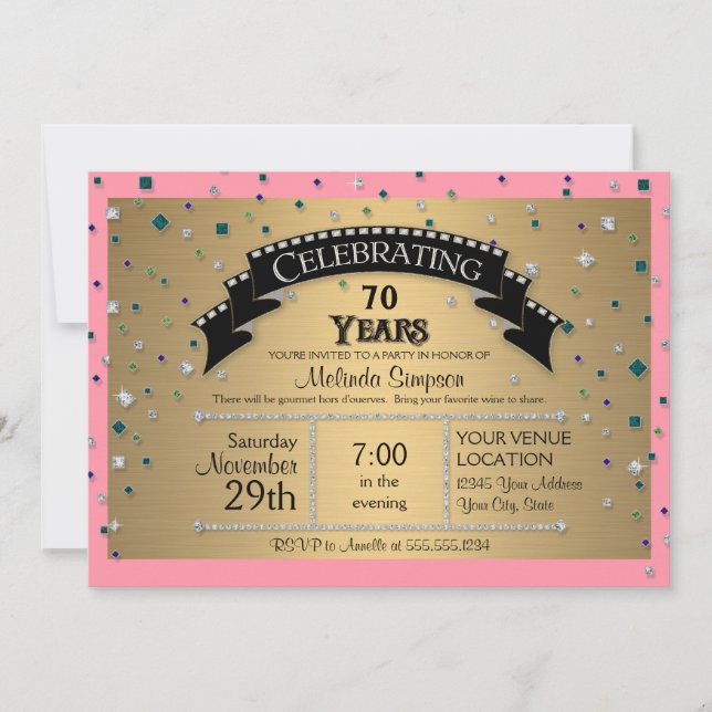 70th Birthday Party Celebrate Faux Jewel Confetti Invitation (Front)