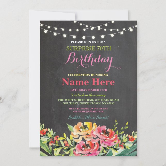 70th Birthday Party Chalkboard Floral Pink Invite (Front)