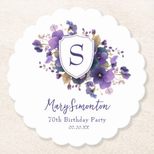 70th Birthday Party Classic Monogram Crest Paper Coaster