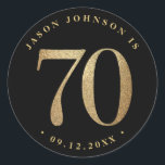 70th Birthday Party Classic Round Sticker<br><div class="desc">70th birthday party paper plates in black and gold</div>