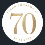 70th Birthday Party Classic Round Sticker<br><div class="desc">70th birthday party paper plates in black and gold</div>