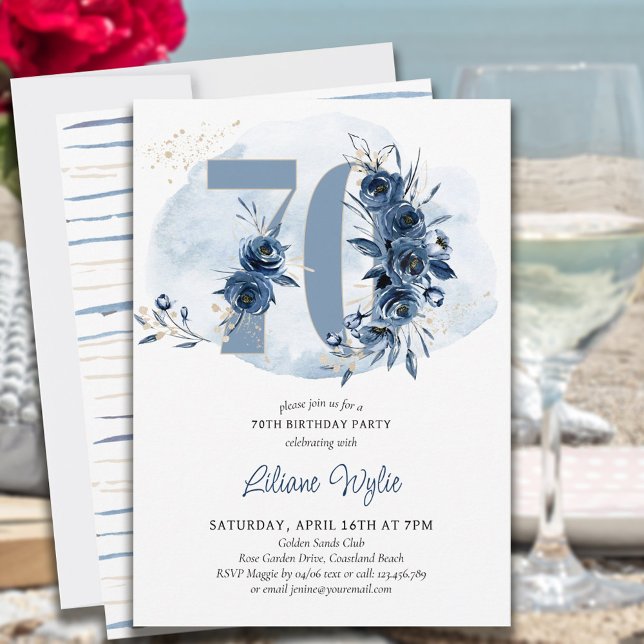 70th Birthday Party Coastal Blue Floral Number 70 Invitation (Creator Uploaded)