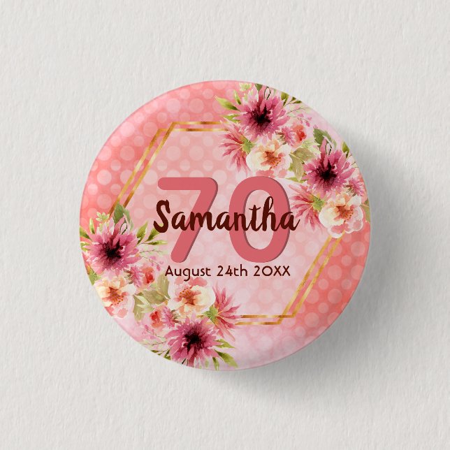 70th birthday party coral gold dahlia flowers 3 cm round badge (Front)