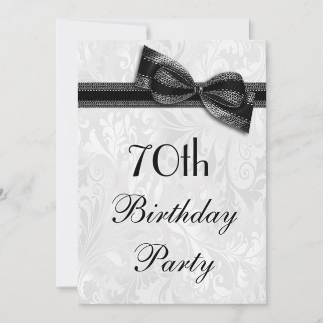 70th Birthday Party Damask and Faux Bow Invitation (Front)