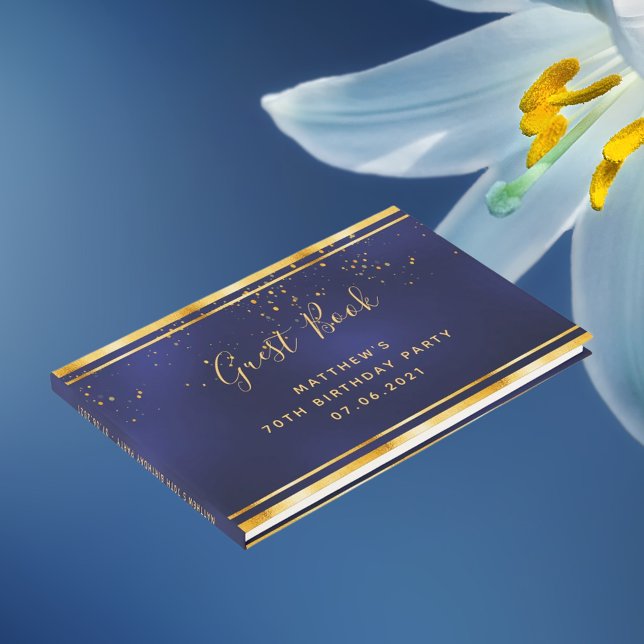 70th Birthday Party dark blue gold confetti Guest Book (Creator Uploaded)