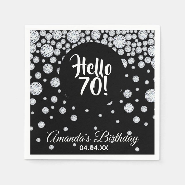 70th birthday party diamonds on black hello 70 napkin (Front)